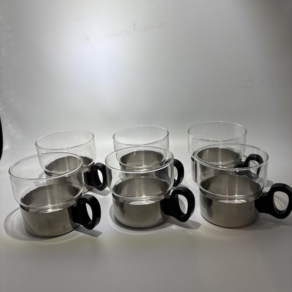 MCM WMF Cromargan Stainless Steel Holder W/Schott Mainz Jena Glas - Set Of 6